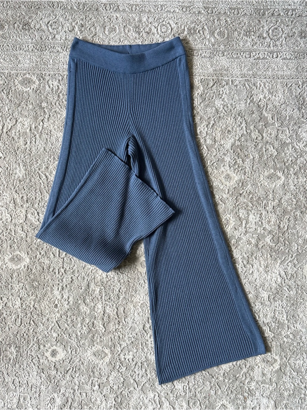 Aerie Ribbed High-Waist Knit Pants Slate Blue Wide Leg Medium Loungewear